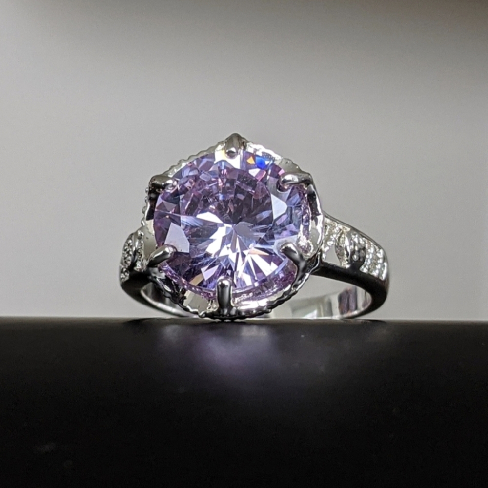 Lavender Amethyst CZ Statement Sterling Silver Overlay Y2K Cocktail Ring Size 6